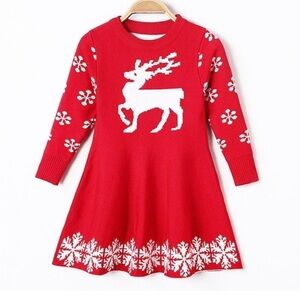 Girls Christmas Xmas Dress Size 7/8 Red White Knitted Snow Flakes & Reindeer